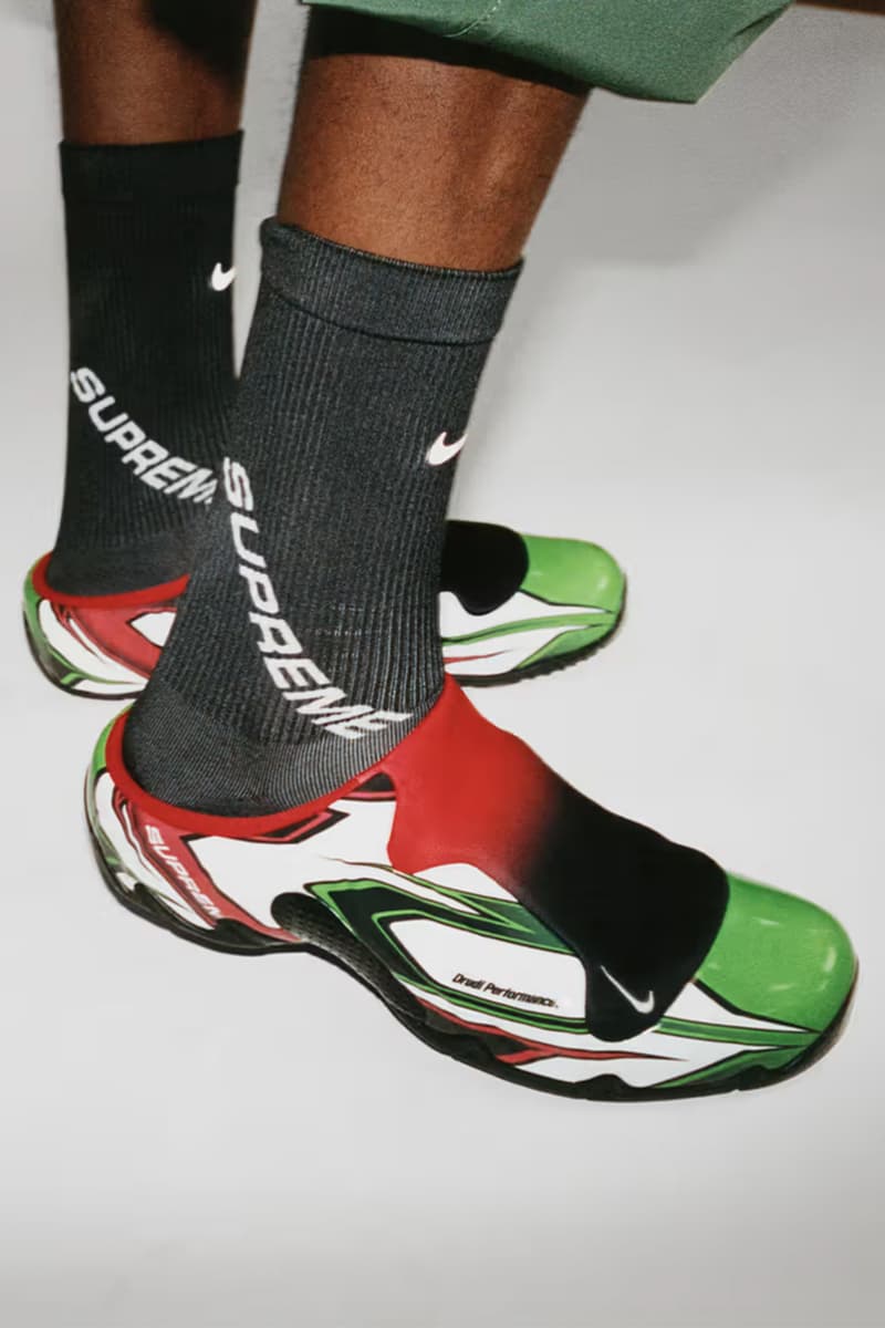 Supreme, Nike, Clogposite, Collaborations, Footwear, Kicks, Red, Yellow, White, Green, Black. 