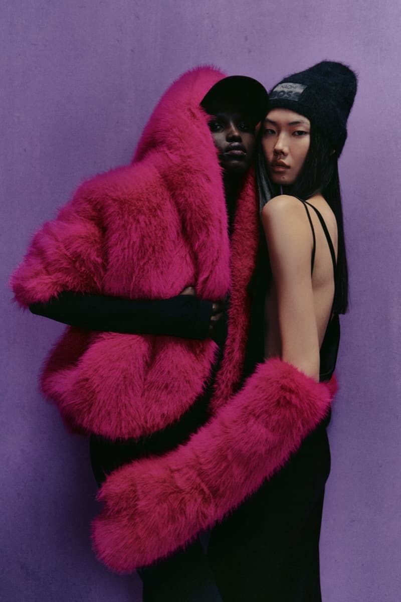 naomi campbell boss girl boy hat fluffy pink coat fur lilac background