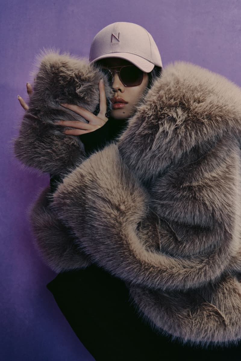 naomi campbell boss girl boy hat fluffy pink coat fur lilac background