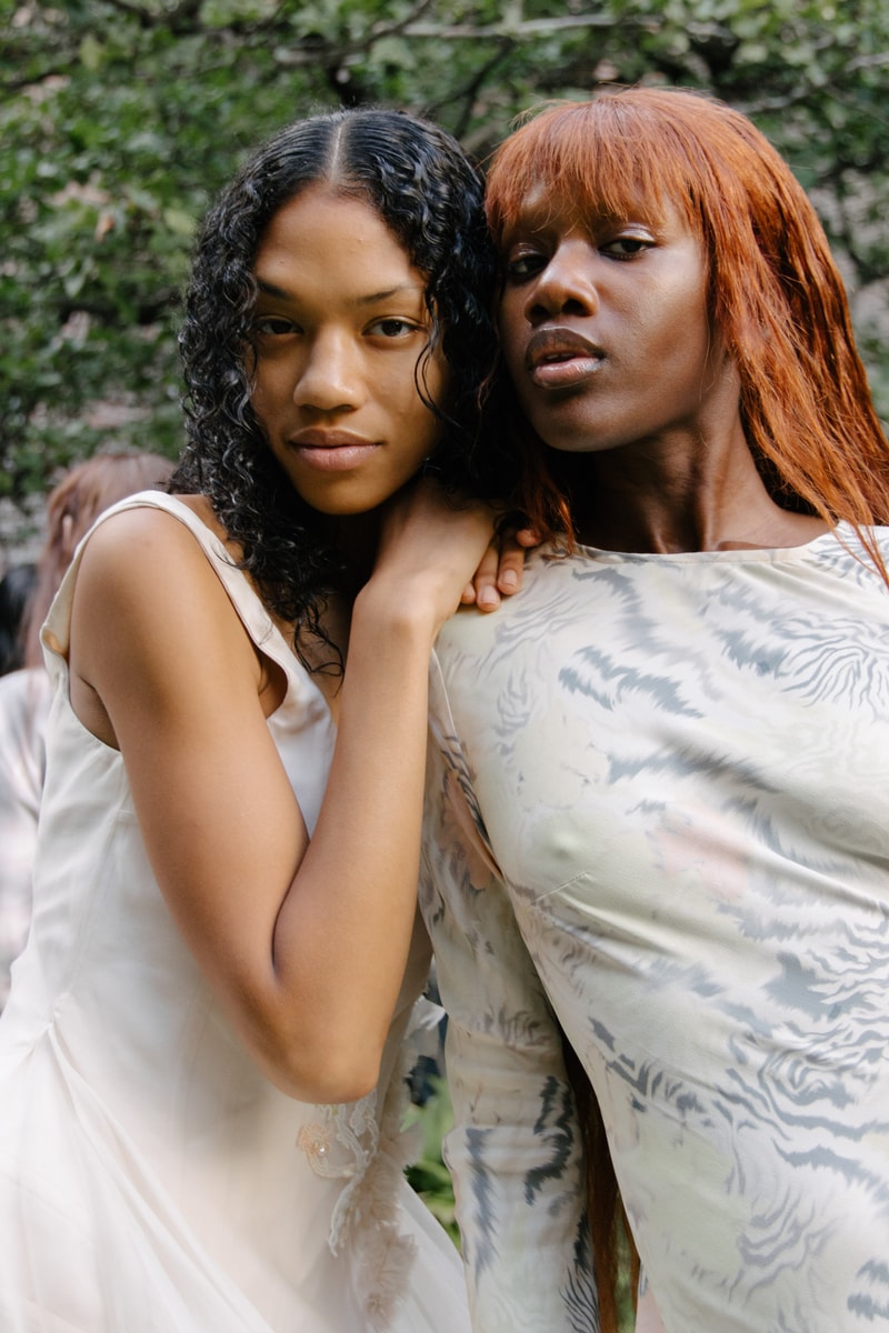 four models dressed in collina strada ss25 clothing smiling and posing, natural beauty, no makeup makeup, skincare