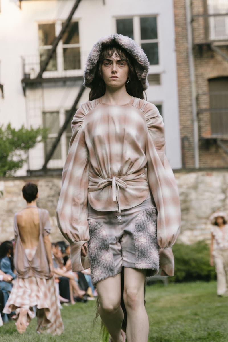 four models dressed in collina strada ss25 clothing smiling and posing, natural beauty, no makeup makeup, skincare