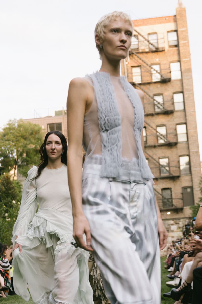 four models dressed in collina strada ss25 clothing smiling and posing, natural beauty, no makeup makeup, skincare