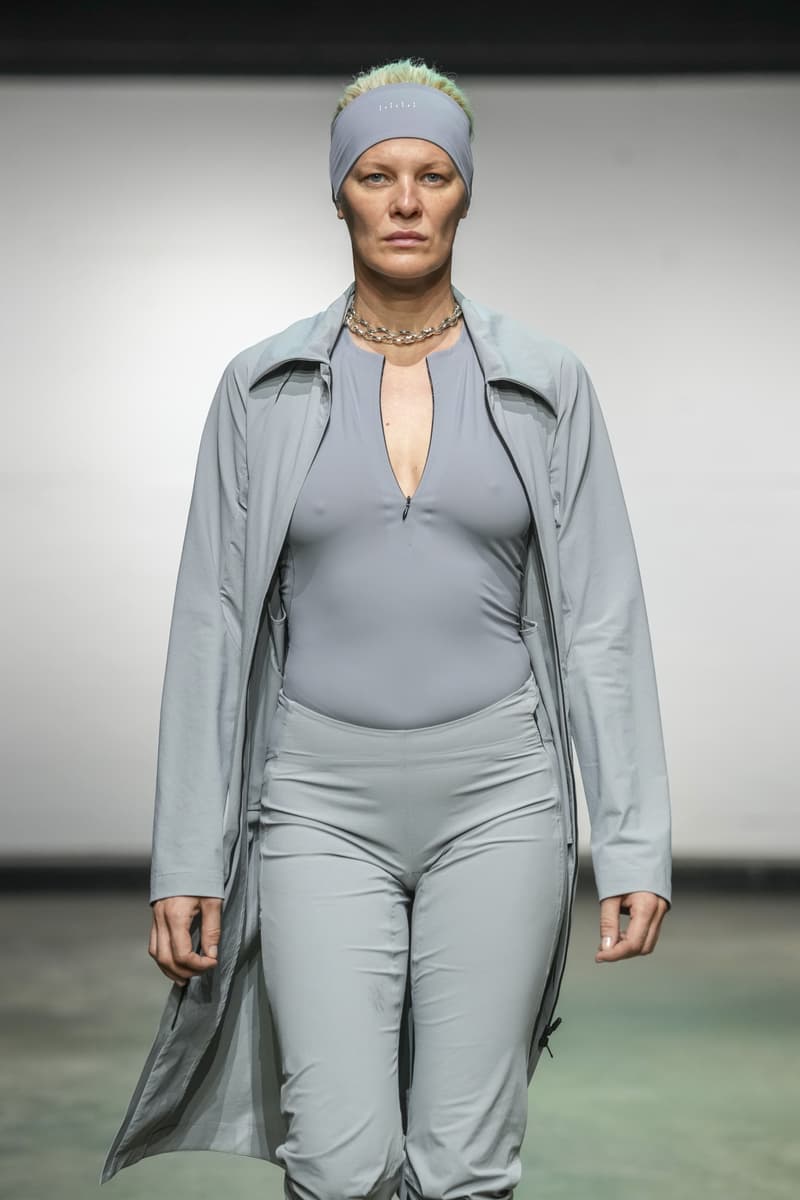 woman with no makeup in athletic wear walking down runway, facegym, johanna parv, london fashion week, spring/summer 2025, skincare