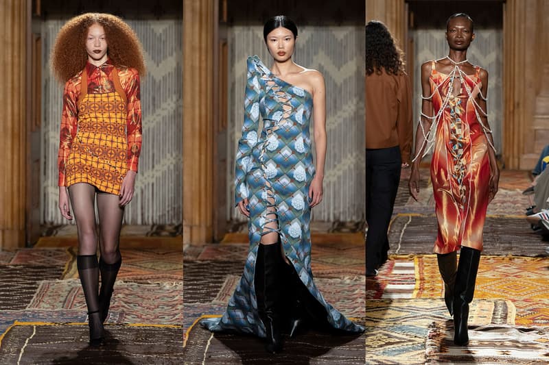 ahluwalia runway brown black models printed dresses gowns beading