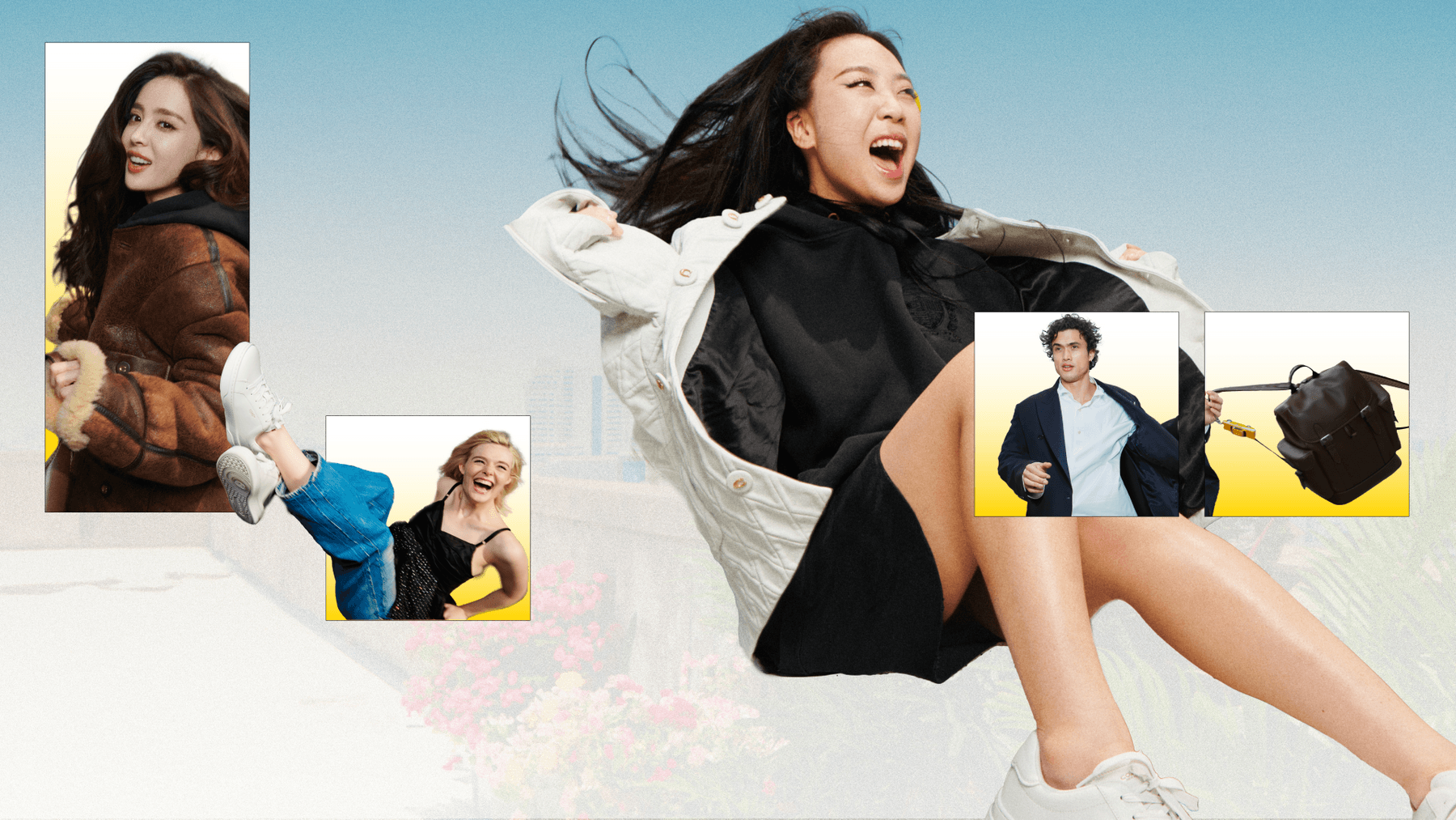 coach fall 2024 collection fashion wardrobe season unlock your courage campaign Charles melton Elle fanning storm Reid tabby bag knitwear denim trousers eyewear tops