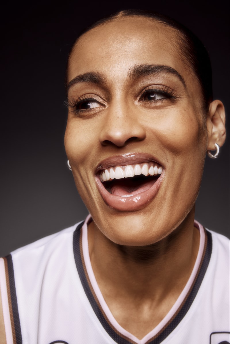 women sitting down posing with basketballs, wnba, glossier lip gloss, beauty, makeup