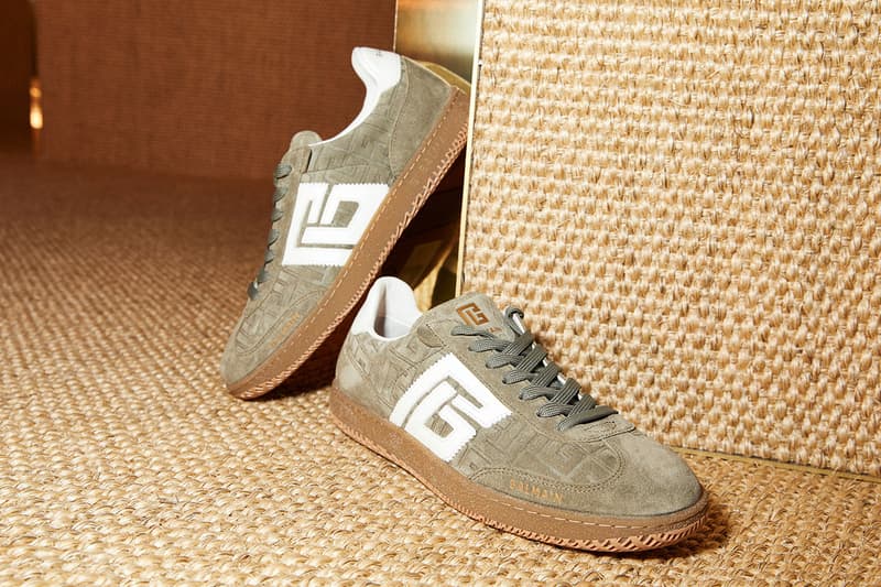 balmain green khaki suede trainers gum sole white leather