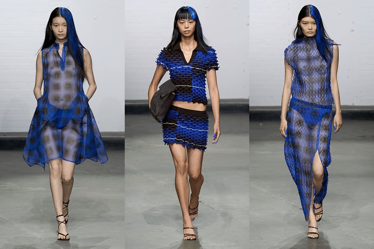 electric blue bright sheer dress checked gown cobalt london runway models