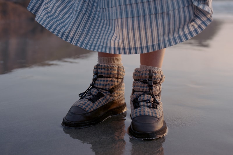 Story MFG, SUICOKE, Collaboration, Shoes boots print brown blue stripes girl standing water