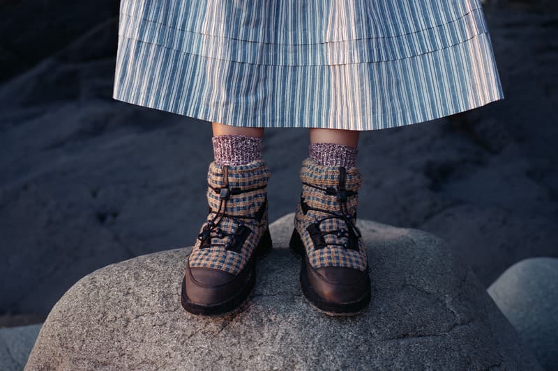 Story MFG, SUICOKE, Collaboration, Shoes boots print brown blue stripes girl standing water