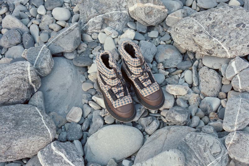 Story MFG, SUICOKE, Collaboration, Shoes boots print brown blue stripes girl standing water