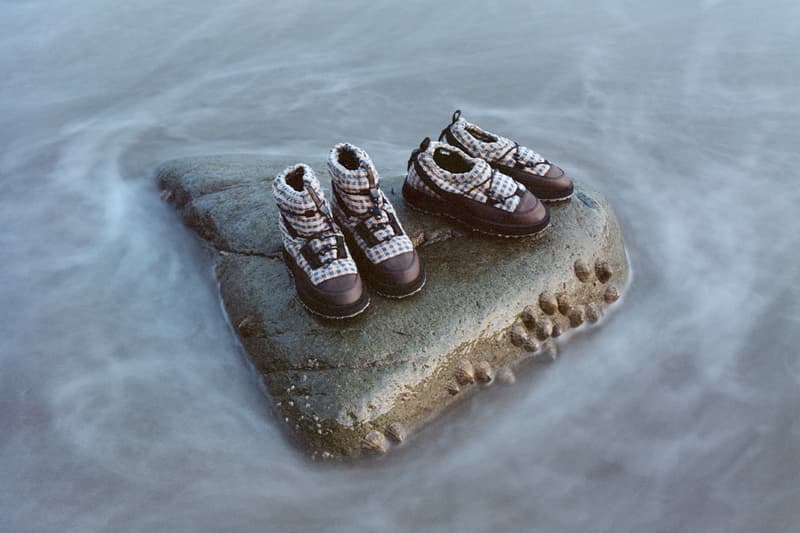 Story MFG, SUICOKE, Collaboration, Shoes boots print brown blue stripes girl standing water