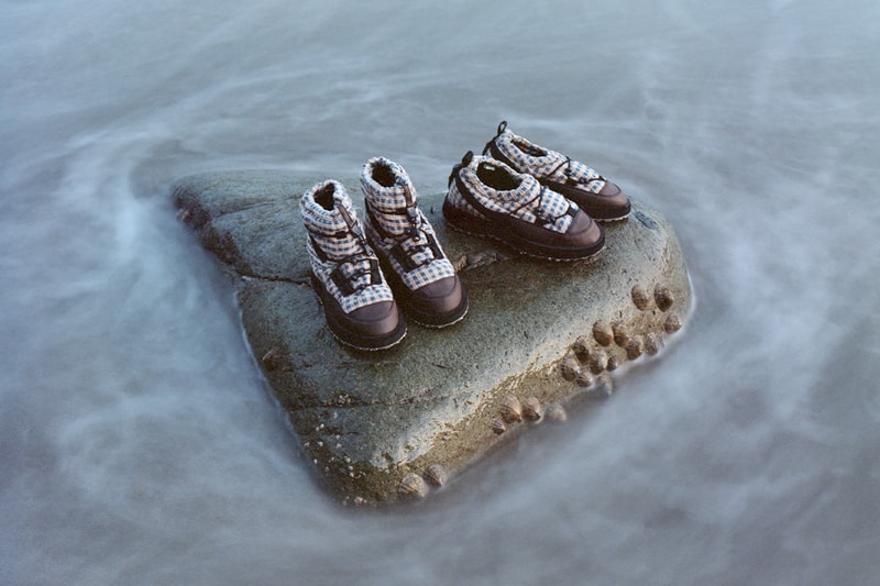 Story MFG, SUICOKE, Collaboration, Shoes boots print brown blue stripes girl standing water