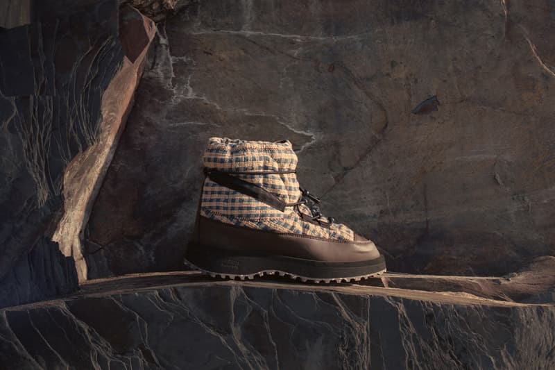 Story MFG, SUICOKE, Collaboration, Shoes boots print brown blue stripes girl standing water