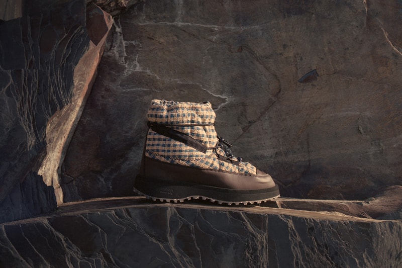 Story MFG, SUICOKE, Collaboration, Shoes boots print brown blue stripes girl standing water