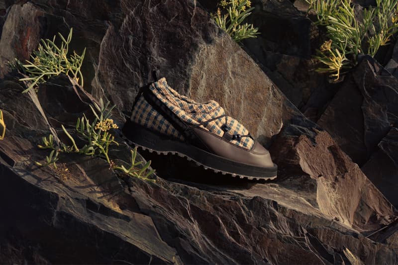 Story MFG, SUICOKE, Collaboration, Shoes boots print brown blue stripes girl standing water