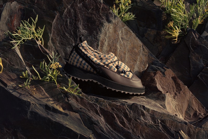Story MFG, SUICOKE, Collaboration, Shoes boots print brown blue stripes girl standing water