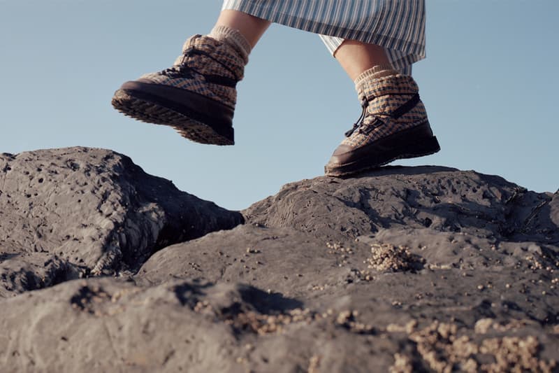 Story MFG, SUICOKE, Collaboration, Shoes boots print brown blue stripes girl standing water