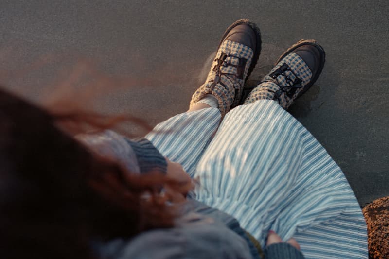 Story MFG, SUICOKE, Collaboration, Shoes boots print brown blue stripes girl standing water