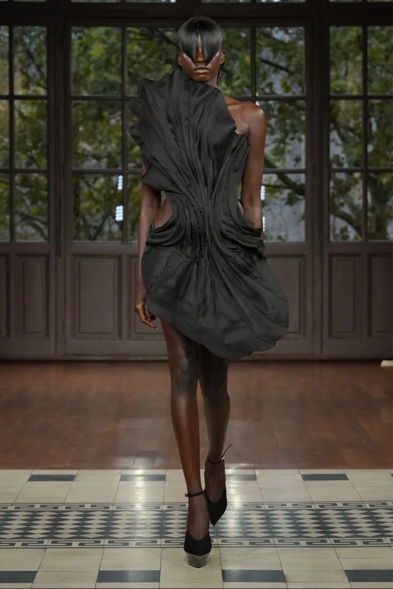 mugler runway dress Vintage 1998 Thierry Mugler Documented Runway Sheer Black Silk Asymmetric High-Slit Gown