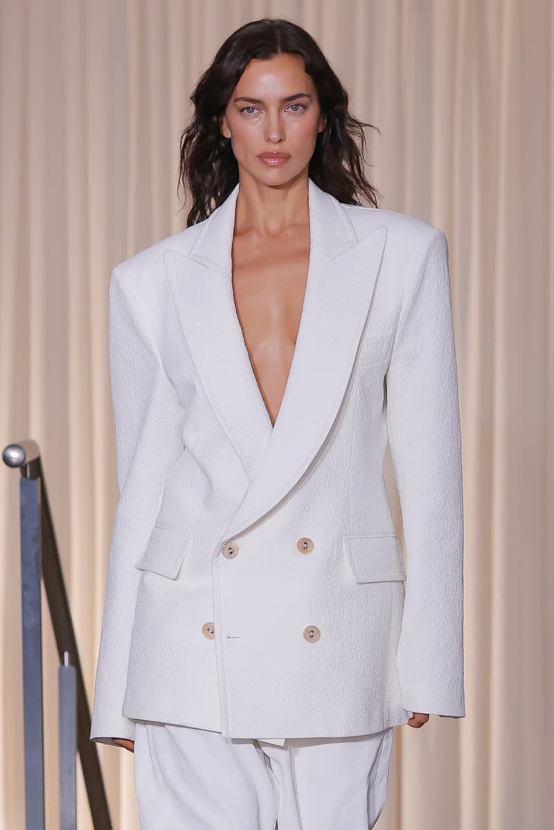 irina shayk walking the runway at vivienne westwood in white suit, mac cosmetics, isamaya ffrench, dyson beauty, sam mcknight, paris fashion week, spring summer 2025