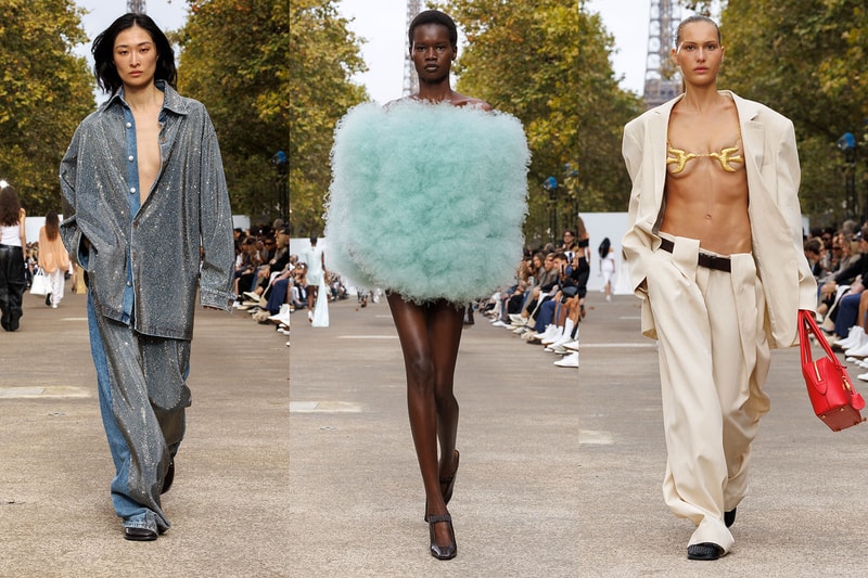 stella mccartney paris models runway woman sheer gold bra top fluffy dress