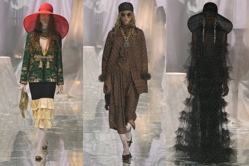 valentino paris runway models gowns head dresses hats sheer ruffles gold jewelry