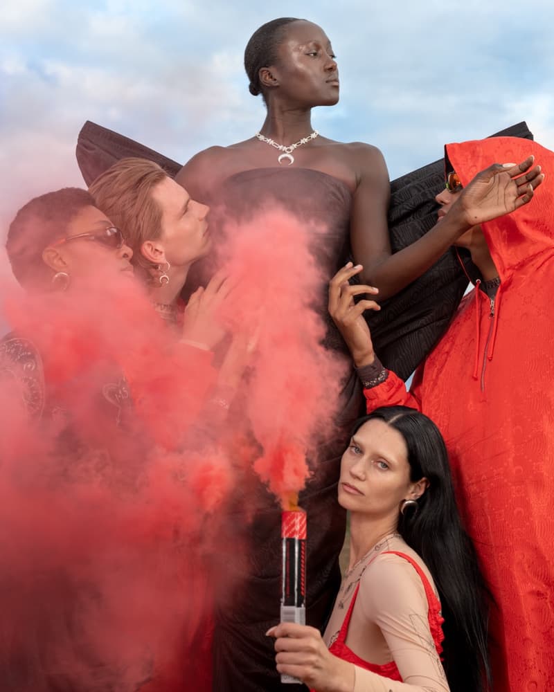 marine serre bodies people gathering ground grass crescent moon bodysuits flesh