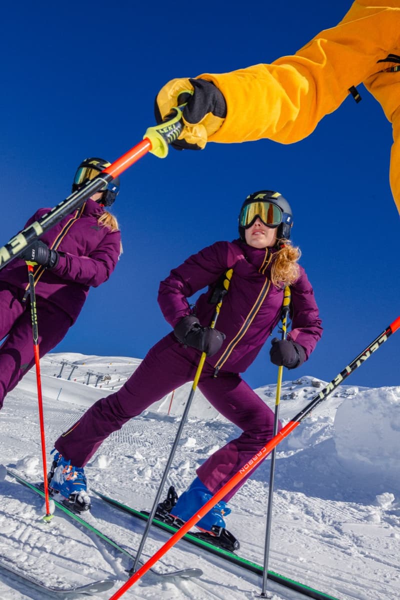 kway outdoor ski puffer snow people skiing purple yellow blue