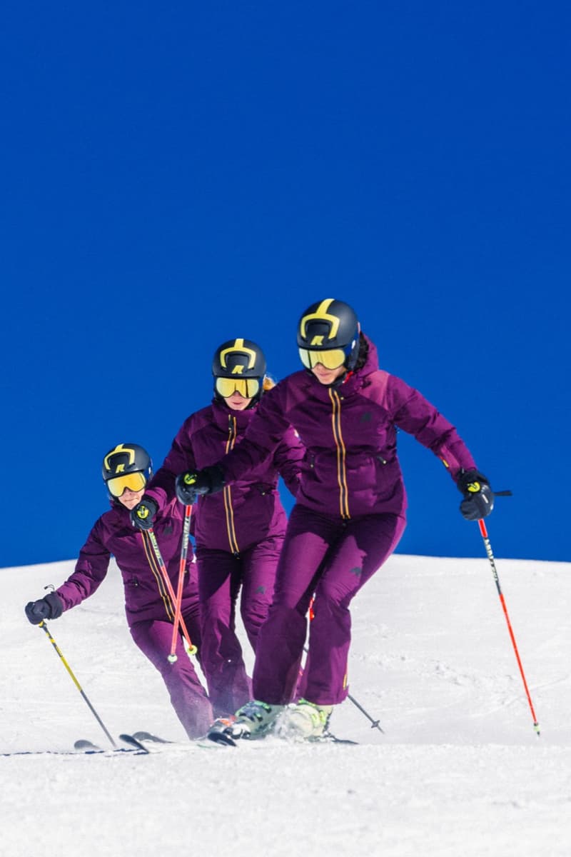 kway outdoor ski puffer snow people skiing purple yellow blue