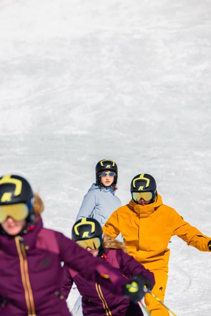 kway outdoor ski puffer snow people skiing purple yellow blue