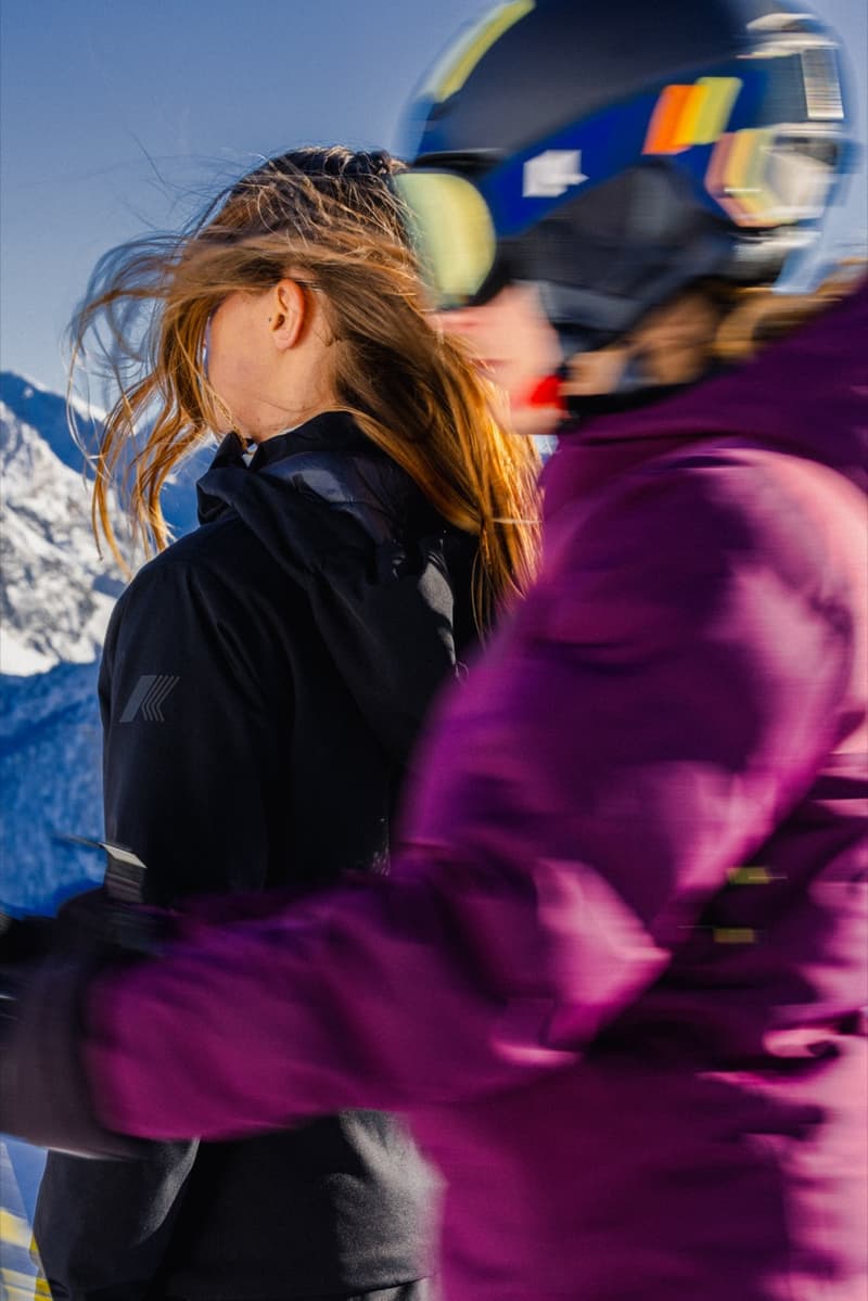 kway outdoor ski puffer snow people skiing purple yellow blue