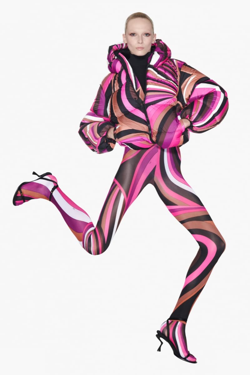 pucci puffer jacket alex consani model multicoloured stripes girl