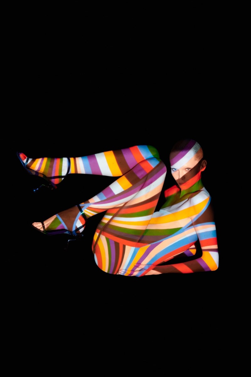 pucci puffer jacket alex consani model multicoloured stripes girl