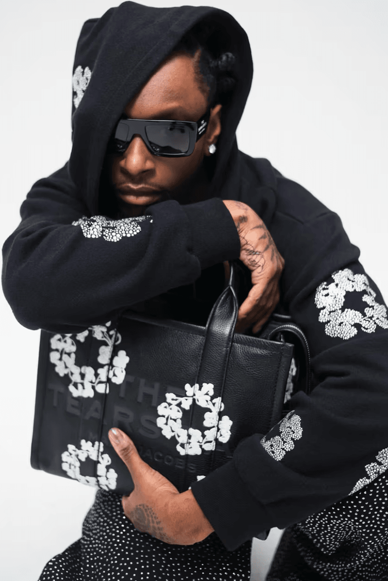 marc jacobs tote bag denim tears embroidery black white