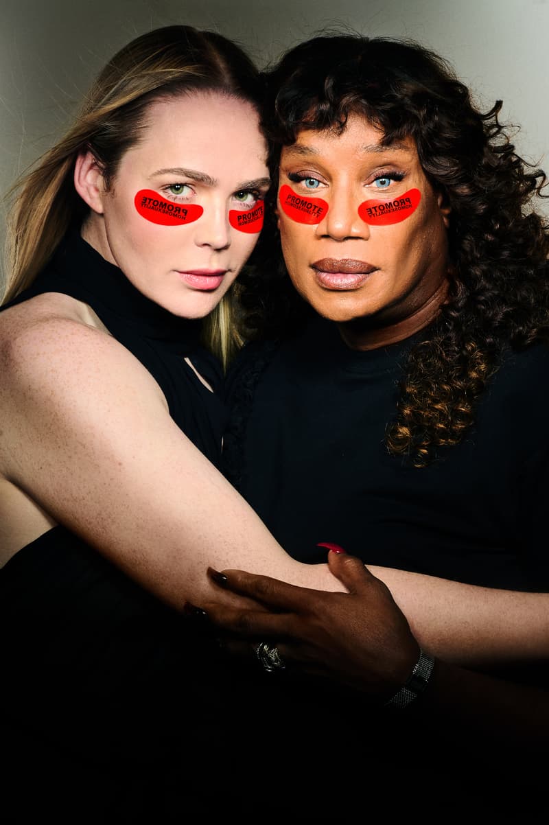 woman with curly hair and dieux "promote homosexuality" forever eye mask, skincare