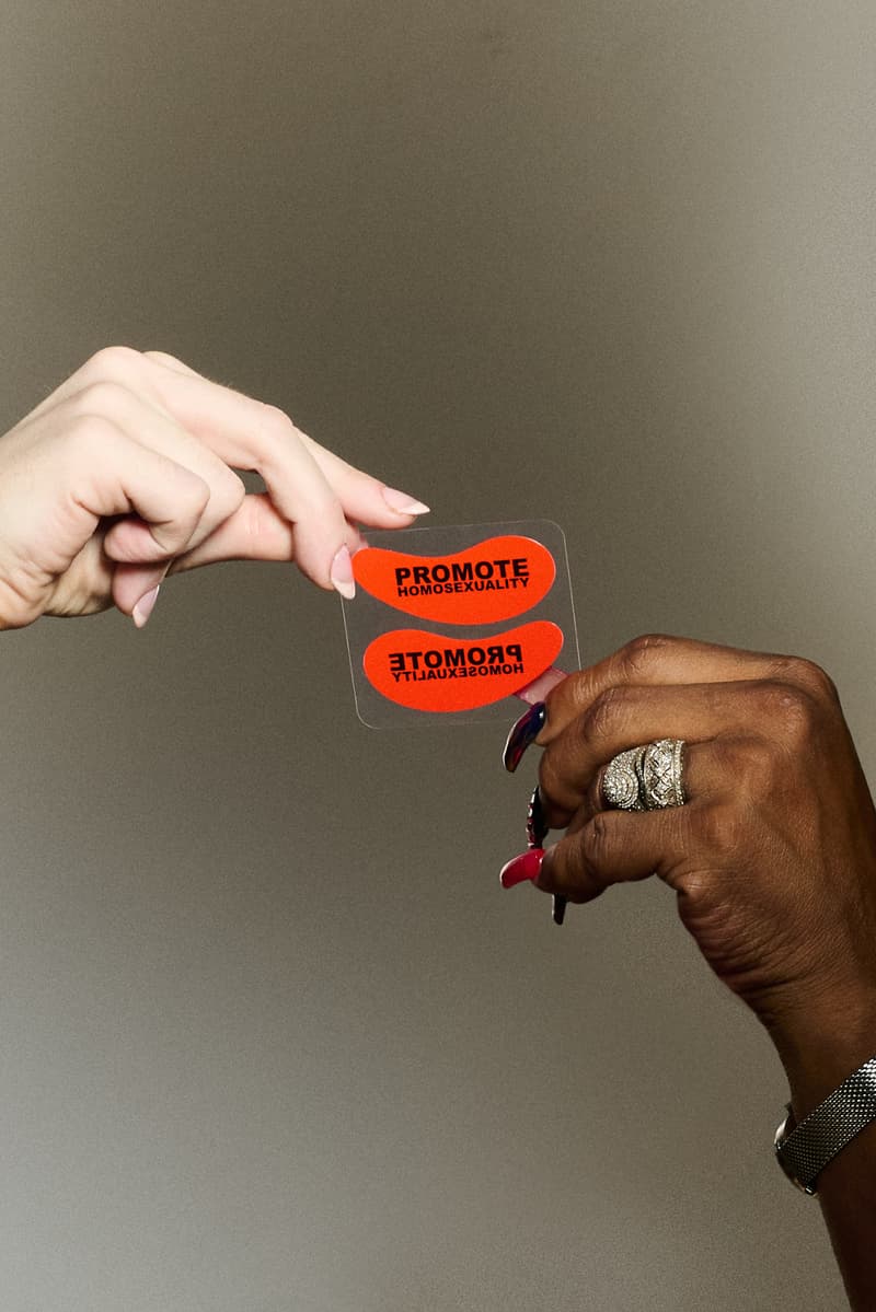 woman with curly hair and dieux "promote homosexuality" forever eye mask, skincare