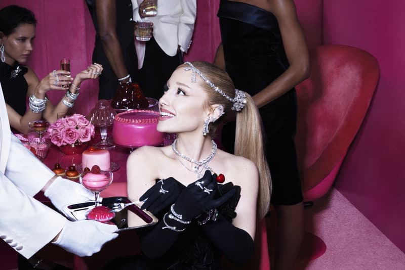 swarovski holiday jewelry diamonds ariana grande pink background black dress