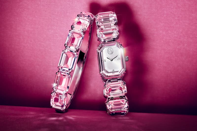 swarovski holiday jewelry diamonds ariana grande pink background black dress