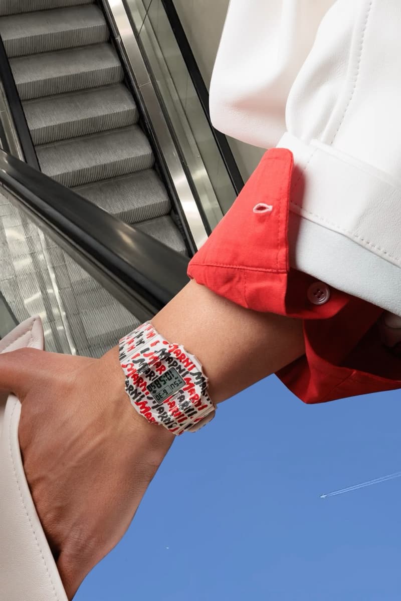 marni g shock watch arm wrist red black logo writing