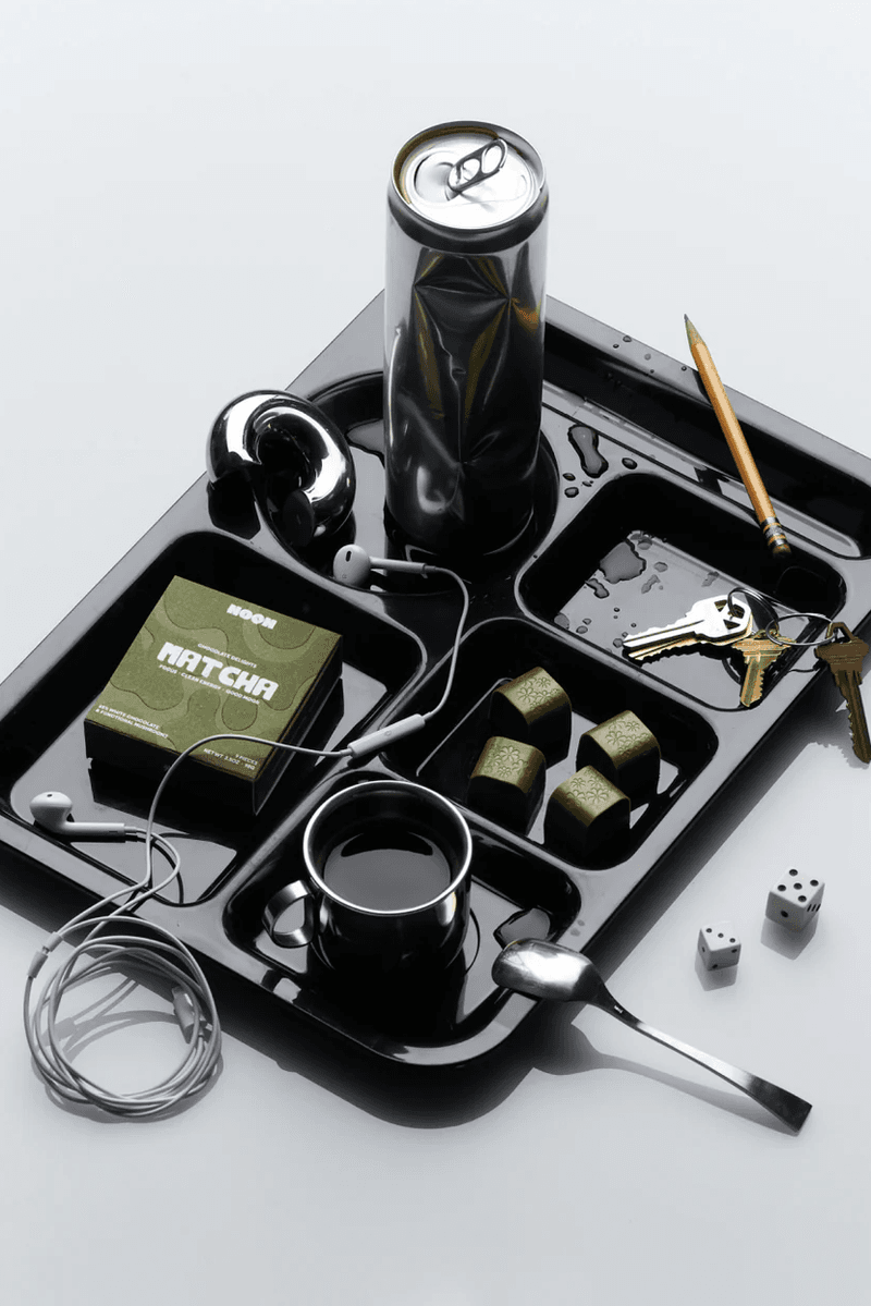 tray of coffee, headphones, gummies, matcha, wellness products, supplements, healthy, working out