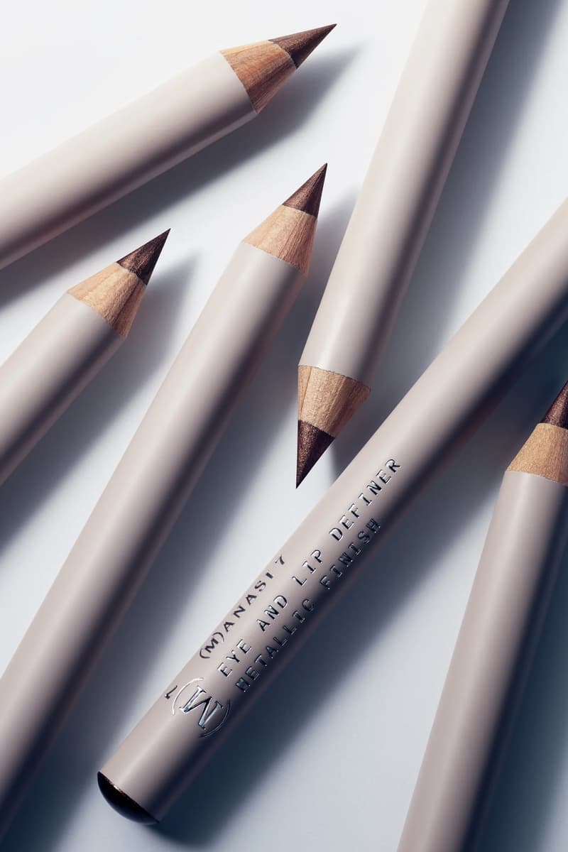 woman wearing manasi 7 new lip and eye defining pencil in the shade "nocturne," makeup, skincare, swedish beauty