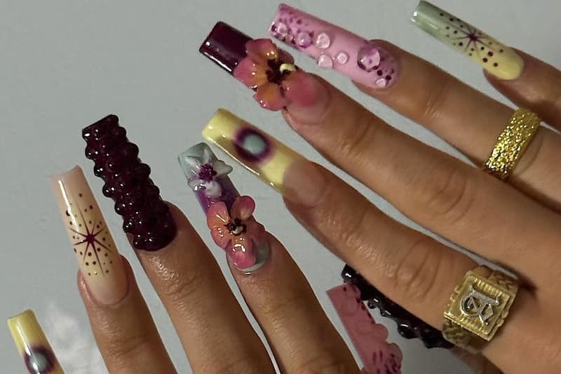 colorful orchid nails, floral nail art, nail design inspiration, beauty, trend