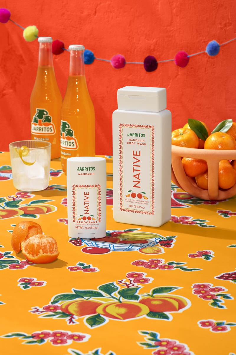 jarritos and native deodorant spread on a table with oranges and a cocktail, body care, beverages