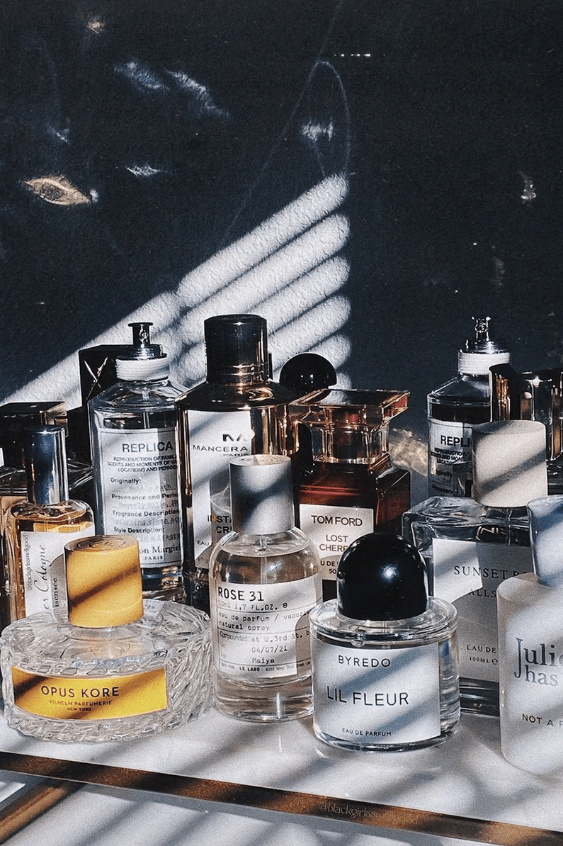 perfumes on a vanity, price per spray, fragrance, luxury goods, byredo