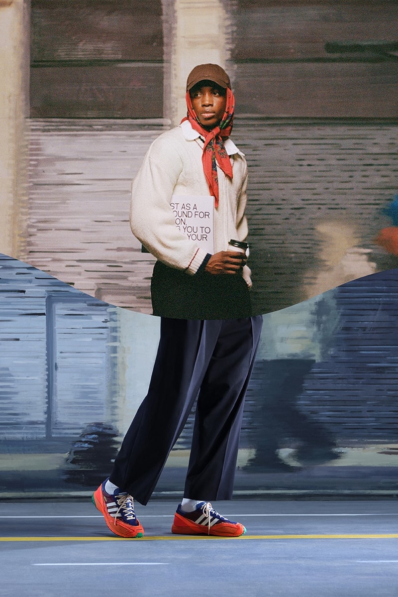 bad bunny adidas adizero sl72 sneaker burgundy red blue yellow white woman moving bike bicycle