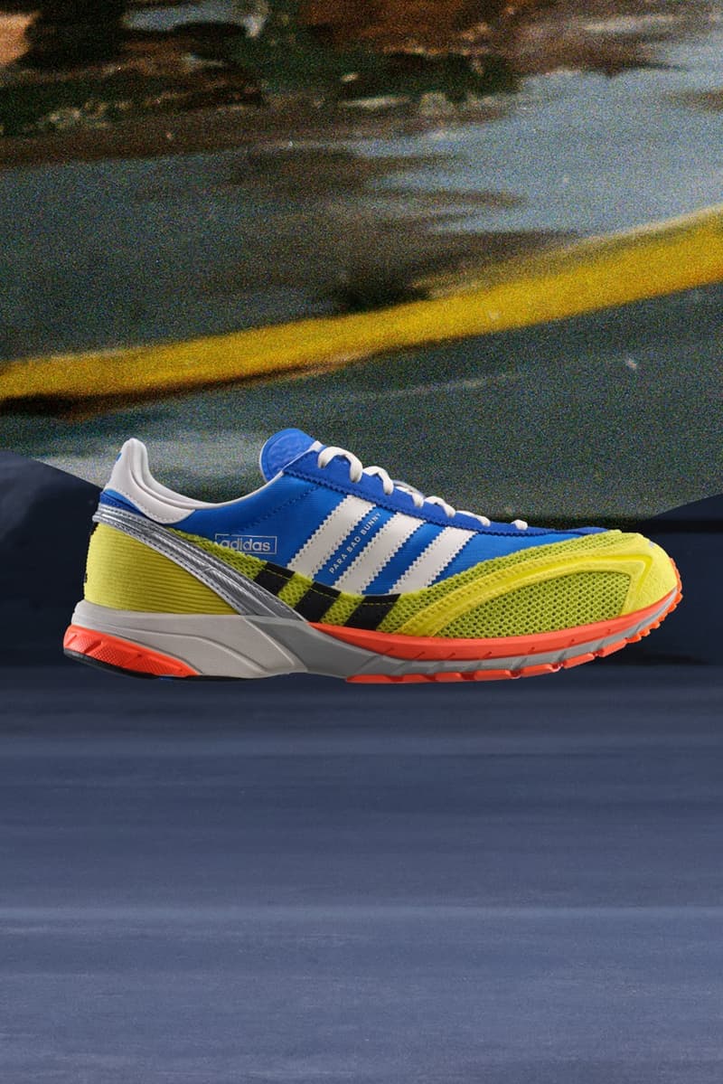 bad bunny adidas adizero sl72 sneaker burgundy red blue yellow white woman moving bike bicycle