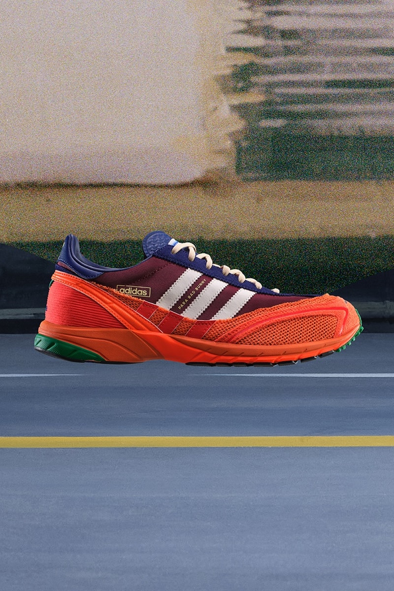 bad bunny adidas adizero sl72 sneaker burgundy red blue yellow white woman moving bike bicycle