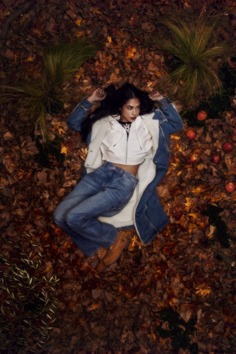 guess originals denim fluffy jacket jeans bed sheets girl lying down pillow