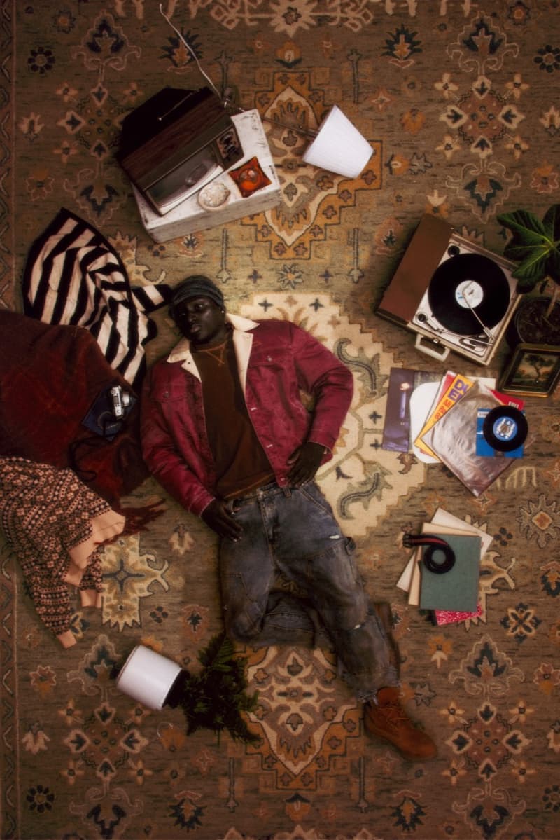 guess originals denim fluffy jacket jeans bed sheets girl lying down pillow